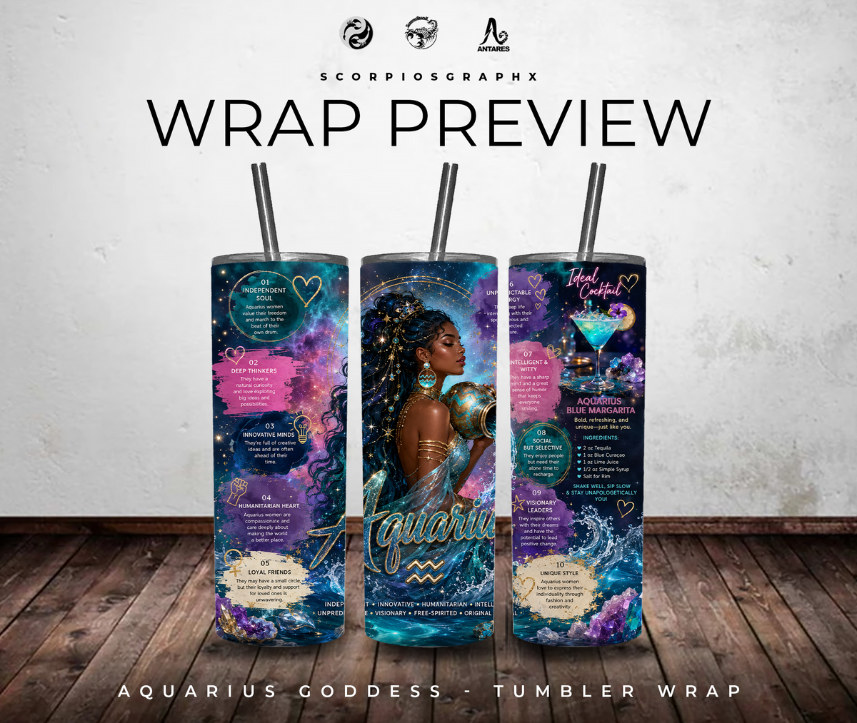 Aquarius Goddess Tumbler Wrap Design PNG