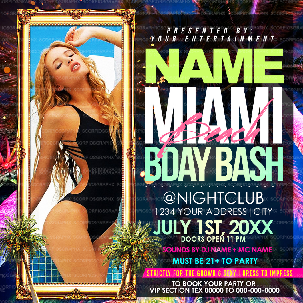 Miami Birthday Bash flyer Template